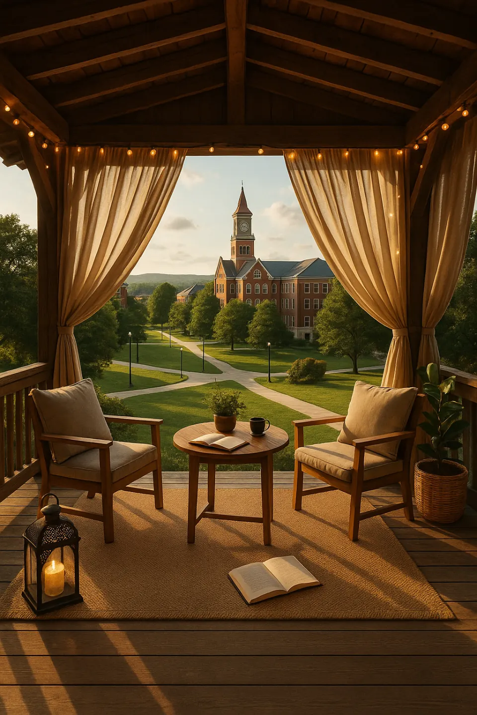 A lantern-lit gazebo with a view of a university campus